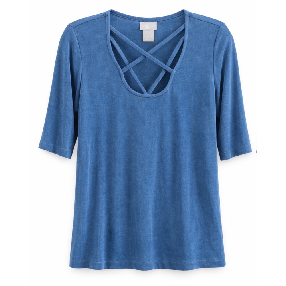 Chico's Travelers Top Size 1 Blue Criss Cross Neck No Wrinkle Travel Shirt Med